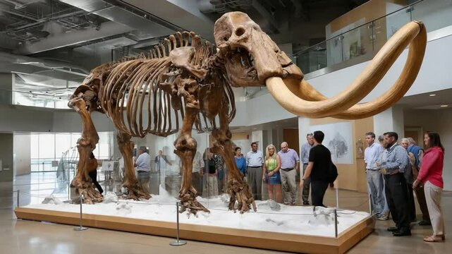 Ancient Mammoth Exhibit: Captivated observers gather around a colossal mammoth skeleton displayed in a museum setting. This scene offers a glimpse into the wonders of paleontology.