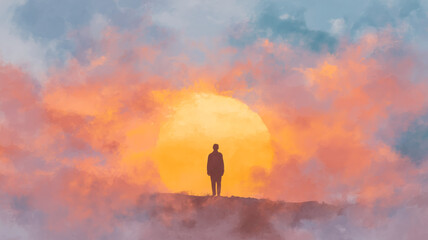 Silhouette standing against vibrant sunset, contemplating the horizon and embracing the beauty of a colorful, serene sky.