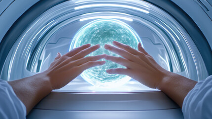 Hands reaching towards glowing energy sphere in futuristic setting, evoking sense of wonder and curiosity