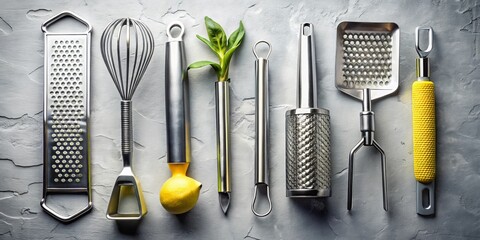 Sleek Kitchen Utensils Arranged on a Textured Surface Featuring a Lemon and Fresh Herbs