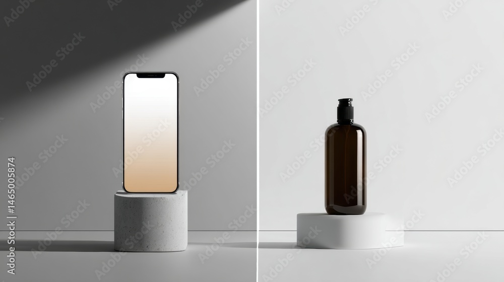 Poster Minimalist Product Display Featuring a Smartphone and a Bottle on Contrasting Gradient Backgrounds Generative AI