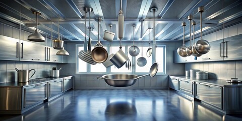 Sleek Modern Kitchen Design with Suspended Culinary Utensils and Fixtures
