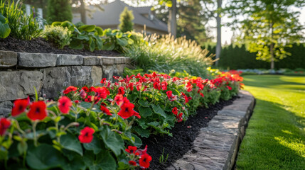 Elegant red flower garden border landscaping design