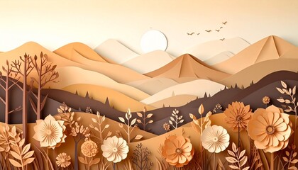 Paper cut landscape with flowers trees mountains birds and sun in autumn tones