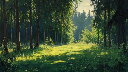 Fototapeta premium Sunlit forest path, green trees, summer day, nature background, idyllic scene