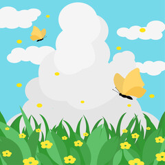화창한 날씨의 자연 속 맑은 구름과 날아다니는 나비 Clouds and Butterflies in Sunny Weather