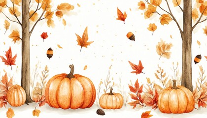 Naklejka premium Autumn watercolor painting with pumpkins and falling leaves.