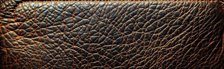 Black leather texture close-up with detailed surface patterns, directional lighting creating subtle highlights, abstract background with depth

