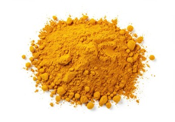 Pile of vibrant yellow turmeric powder, close up detailed view isolated on white background