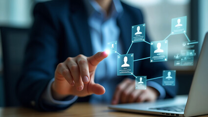 Recruitment and Candidate Selection Concept with Businessman Using laptop Digital Interface for Online Hiring and HR Technology