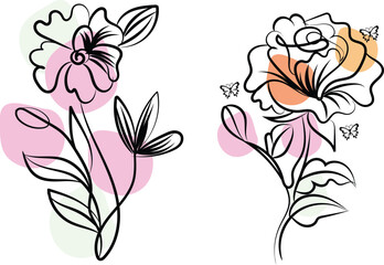 Elegant Line Art Floral Design with Butterflies and Pastel Color Blobs