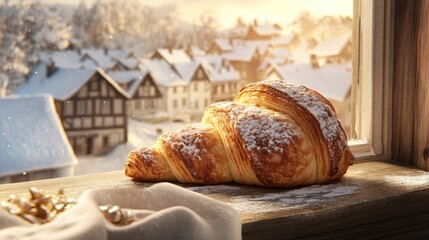 Freshly baked croissant resting on a windowsill, with a picturesque snowy village in the background