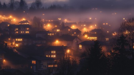 City lights shimmer in the fog during twilight hours creating a magical atmosphere