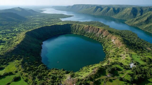 Lonar Crater Lake: Aerial view of Lonar Crater Lake, a unique and stunning geological formation, a large, deep, saline, and highly alkaline lake inside a crater. 