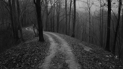 Winding path through a gloomy forest