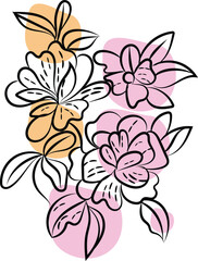 Elegant Line Art Floral Design with Pink and Peach Abstract Shapes