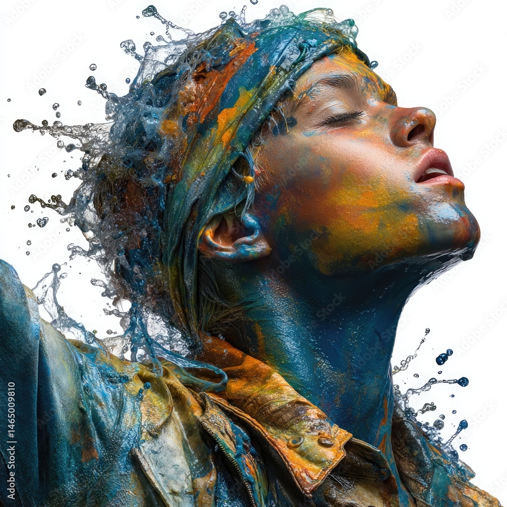 Poster dynamic splash of color person soaked in artful water scene studio setting close-up view hyperrealis