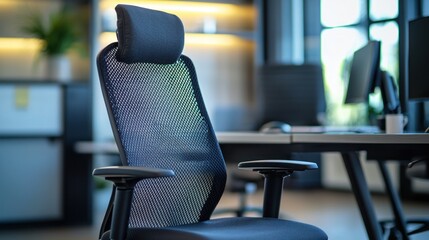A modern office chair with high backrest, padded headrest, and stylish black mesh back.