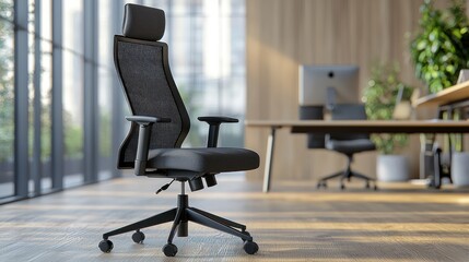 A modern office chair with high backrest, padded headrest, and stylish black mesh back.