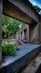 Stone Ruins With Rectangular Openings in a Park Setting With Greenery