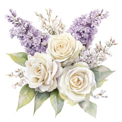 Watercolor Floral Arrangement with White Roses and Lilacs on Transparent Background A Delicate and Isolated Botanical Composition