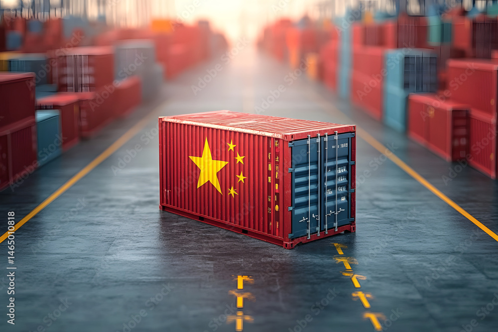 Poster chinese flag on cargo container amidst rows of shipping containers at a port representing global tra