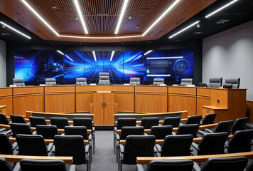 Modern courtroom with digital screens, advanced legal technology