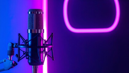 Condenser microphone shines with neon lights perfect for studio recording and broadcasting