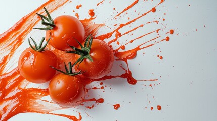 Fresh red tomatoes splashing against a white surface in a vibrant display of color and texture