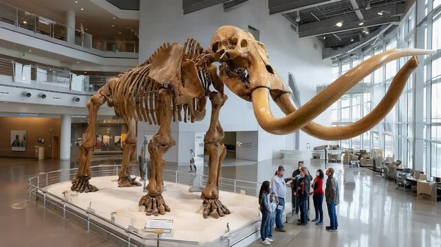 Giant Prehistoric Discovery: Museum visitors gaze at an impressively large mammoth skeleton, showcasing the wonders of paleontology. A testament to the power and mystery of extinct life.