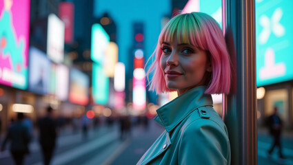 Fototapeta premium A stylish woman stands confidently on a city street at night, with bright, colorful lights in the background. She exudes a sense of urban cool and chic sophistication.