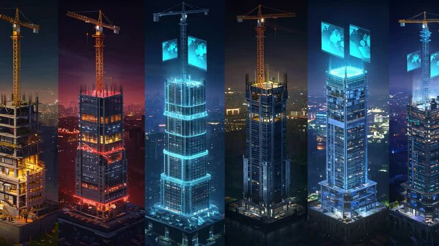 Progression of a skyscraper construction showcasing stages from foundation to illuminated completion at night