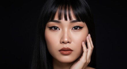 Obraz premium Asian woman with elegant makeup and black hair, beautiful female model portrait on dark background, professional beauty photography with winged eyeliner