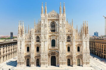 Naklejka premium Milan Cathedral Facade Ornate White Marble Gothic Architecture under Blue Sky
