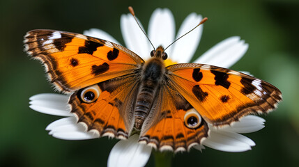 Naklejka premium The High Brown Fritillary (Argynnis adippe) resting on a white flower. Its upper wings are orange with black markings, the undersides are duller with white and brown markings