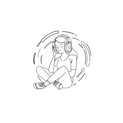 minimal sitting listening music doodle line art simple outline.