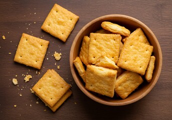 A wooden bowl filled with golden square crackers and some scattered on a brown wooden surface top view