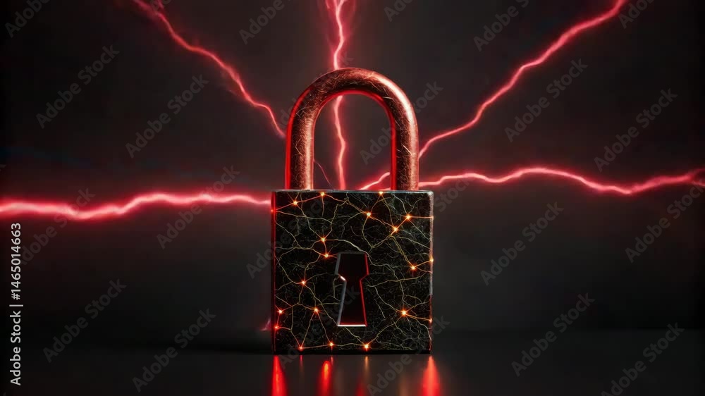 Poster a broken lock symbol illuminated by red lightning bolts, representing security and disruption.
