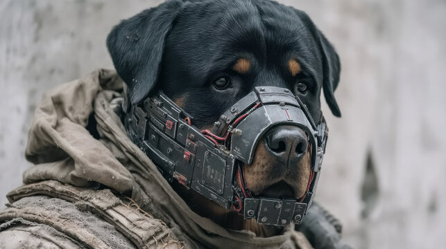 Strong Rottweiler with futuristic muzzle in sterile environment emphasizes safety and control