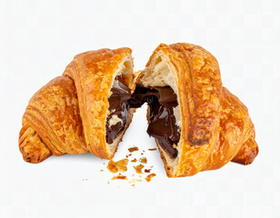 Delicious croissant filled with chocolate cream on white background