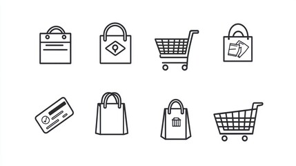 Minimalist line-art icons of shopping-related items, such as carts, credit cards, and discount tags.