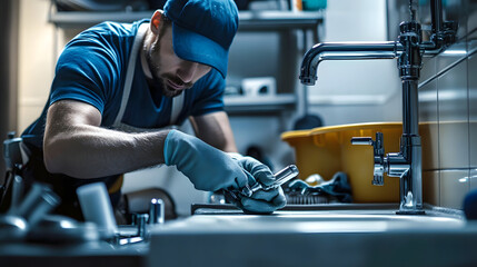 The plumber fixing sink