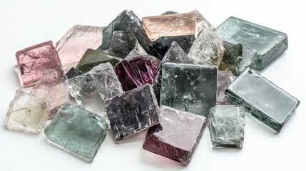 Multicolored, cubic mineral specimens clustered together.