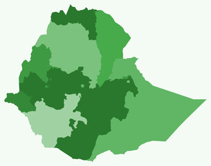 Map of Ethiopia with regions. Just a simple country border map with region division. Green color palette. Blank Federal Democratic Republic of Ethiopia shape with administrative division.
