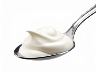 Spoon holding smooth creamy yogurt or cream cheese on white background