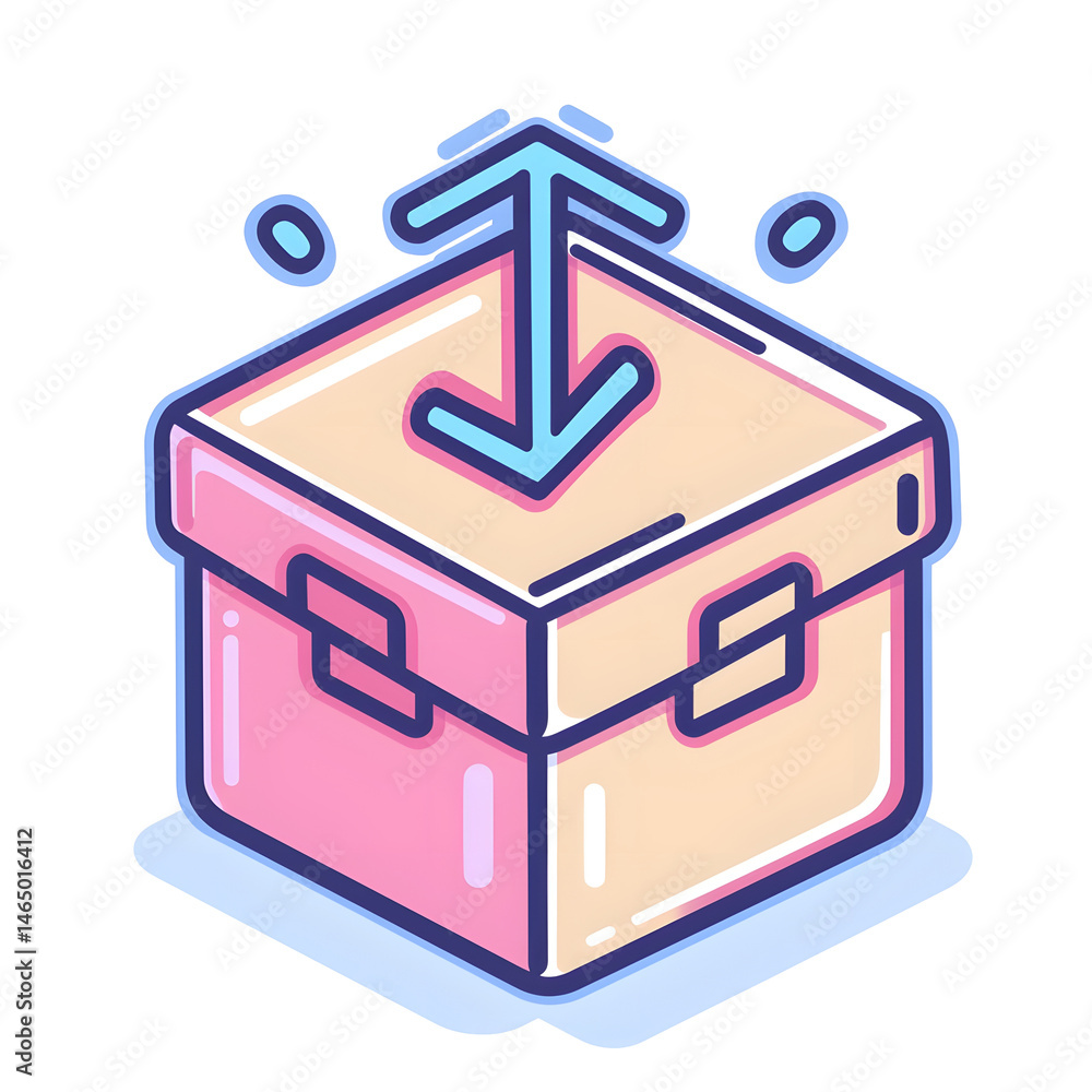 Poster flat icon depicting a delivery box with a broken or interrupted arrow path symbolizing supply chain 