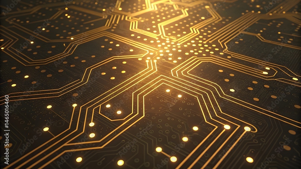 Poster illuminated pathways of a technological marvel, intricate golden circuitry glows with inner light, a