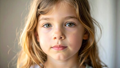 a thoughtful American kindergarten girl, a young American girl with a calm, thoughtful expression, captured in natural light, childhood, innocence, learning, early education