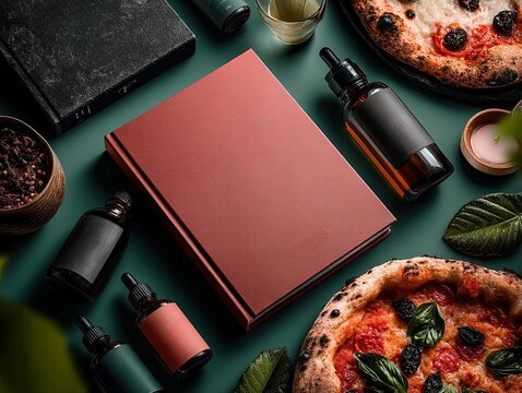 A dark surface with a large pink cookbook, various small bottles oils, vinegars, a pump dispenser bottle, a glass of yellow drink, two open pizzas red sauce, herbs, green pesto, bas - AI-Generated