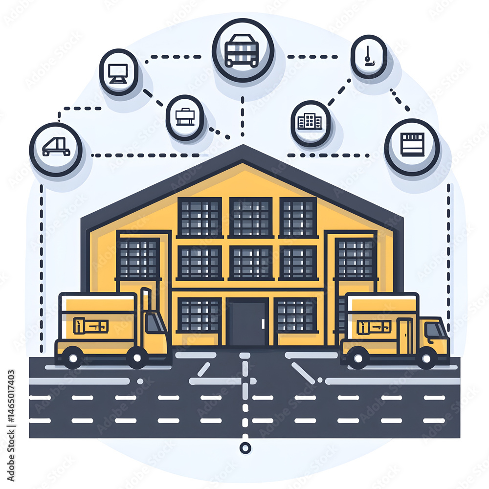 Poster minimalist depicting a warehouse and factory icons connected by a dotted line representing the disru